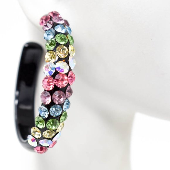 2" Diagonal Multicolor Rhinestones Black Hoops (B) - Picture 10 of 13